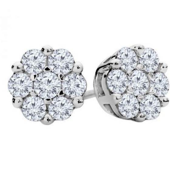Iced White Gold Cluster 925 Sterling Silver Best Flower Screw Back Stud Earrings - Picture 1 of 5